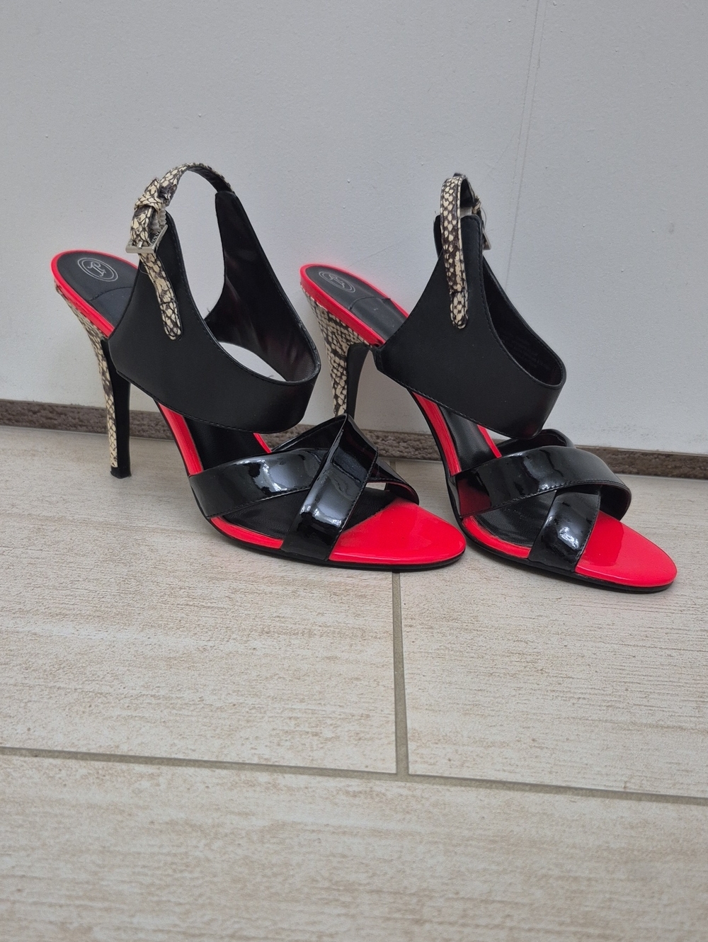 Ivanka Trump Black & Coral High Heel Sandals with Snake-Print Strap